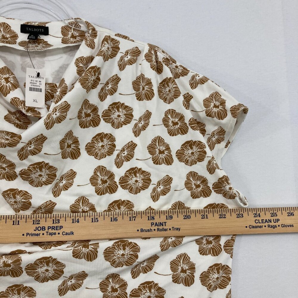 New Talbots size XL Brown White Floral‎ Draped Neck Stretch Blouse Elegant - Picture 7 of 10